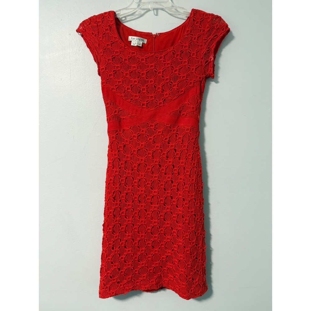 Kay Unger New York Womens Red Floral Crochet Lace Cap Sleeve Sheath Dress Size 2